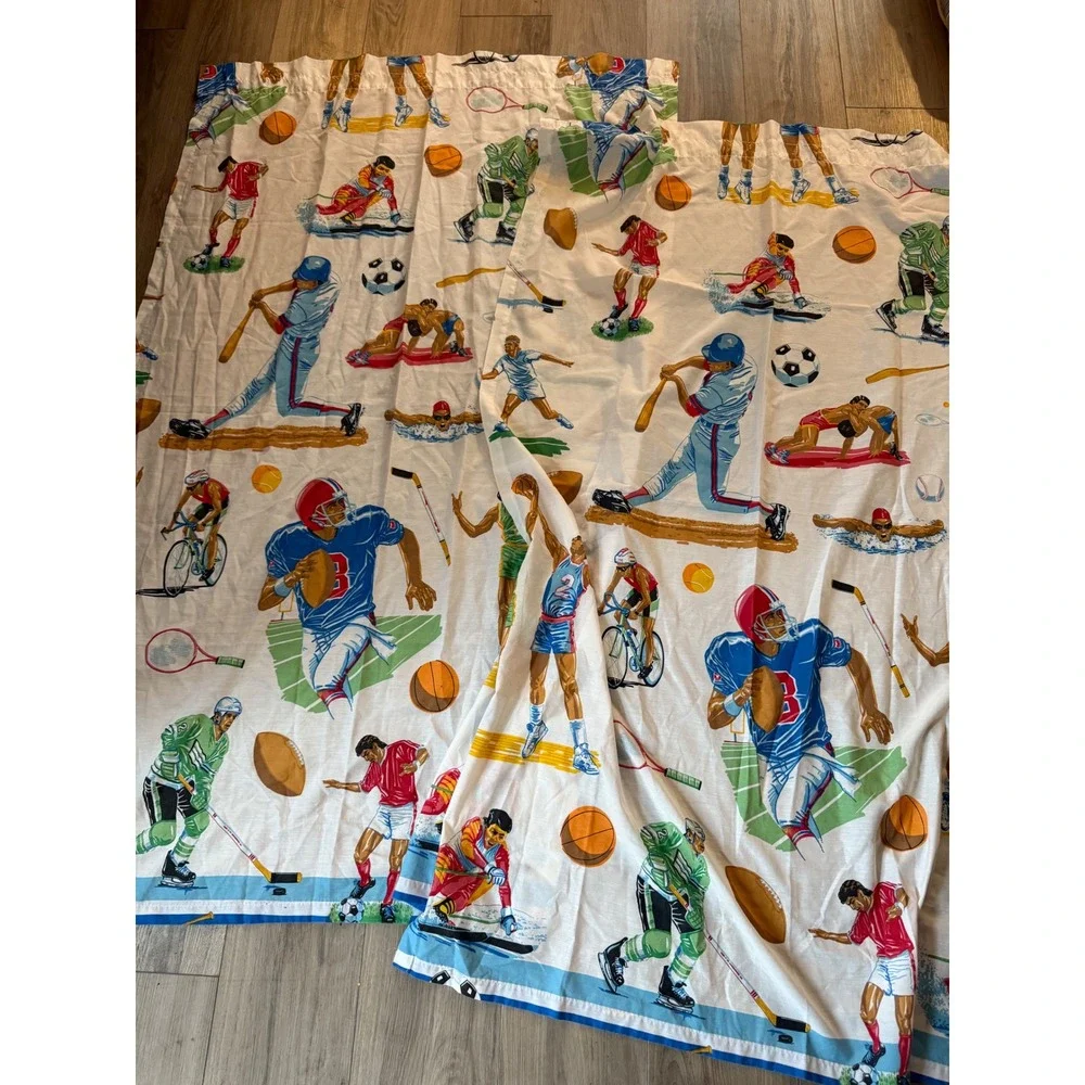 Vintage Perfect Fit Industries All Over Sports Print Curtains Kids Room 2 Panels